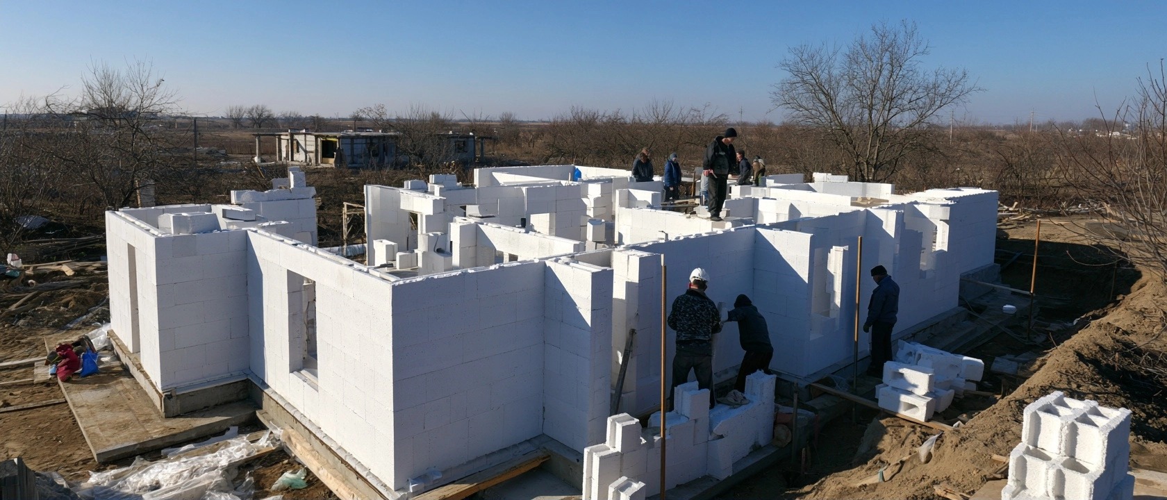 аккуратная кладка белых газобетонных блоков Stonelight, строительство частного дома Украина, солнечный день, профессиональные строители, фотореализм